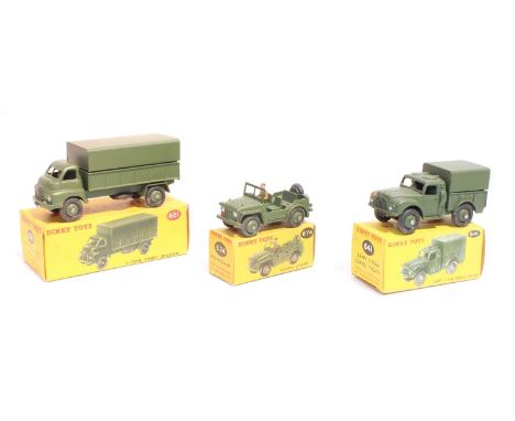 Three various boxed Dinky Toy military vehicles to include No. 621 3-ton army wagon, No. 641 Army 1-ton wagon, and a No. 674 