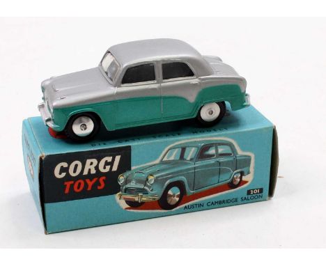 Corgi Toys, 201 Austin Cambridge Saloon, silver and turquoise body with flat spun hubs, in the original all-card blue box wit