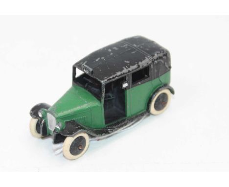 Dinky Toys, No.36g Pre-war Taxi, green body, black chassis, open rear window, smooth black cast hubs, white tyres - rear axle