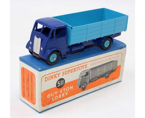 Dinky Toys No. 511 guy 4-ton lorry comprising dark blue cab and chassis with light blue back and matching hubs housed in the 