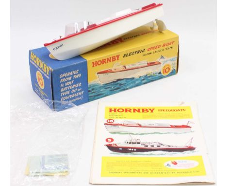Hornby speedboat Model No. 10 'Capri' white plastic hull, red decking, Capri transfers on each side of hull, battery driven, 