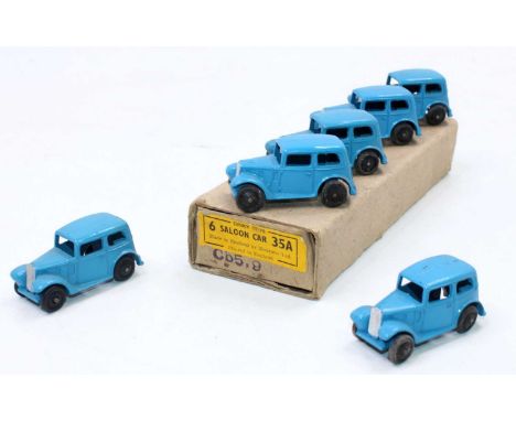 Dinky Toys, 35A Trade box containing 6 Saloon Cars, all finished in blue with black wheels, in the original buff coloured tra