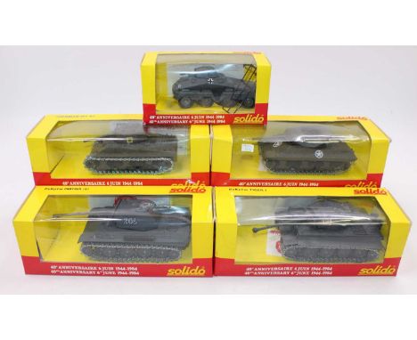 Five various red and yellow 40th anniversary boxed Solido military vehicles, five examples to include a Tiger 1 battle tank, 