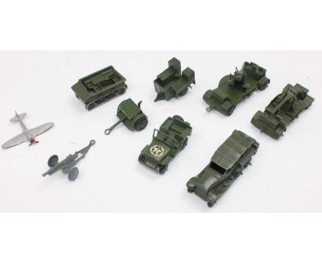 A collection of various mixed loose Dinky Toy military vehicles to include 152B 6-wheel reconnaissance car, US Jeep, together
