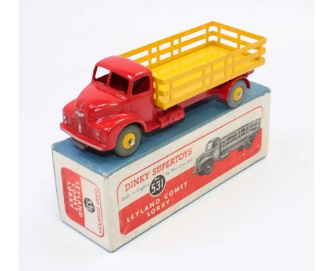 Dinky Toys No. 531 Leyland Comet cement lorry comprising of red cab and chassis with yellow back and yellow hubs housed in th