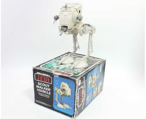 A Star Wars Palitoy Return of the Jedi Scout Walker vehicle, appears complete and housed in the original card box with leafle