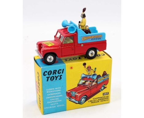 Corgi Toys, 487 Chipperfields Parade Vehicle, red body with light blue back, with chimpanzee and clown figure, in the origina