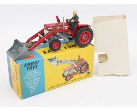 A Corgi Toys No. 69 Massey Ferguson 165 tractor with shovel in red with a silver scoop, driver figure included and includes i