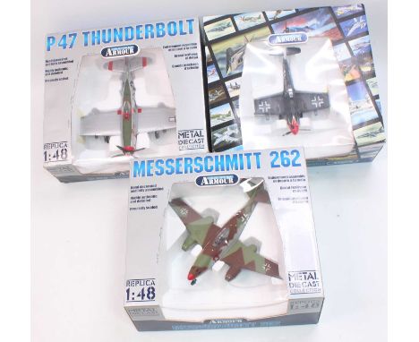 A group of 3 1:48th scale Armour Series/Franklin mint aircraft boxed models as follows: BF 109, P47 Thunderbolt and a Me 262.