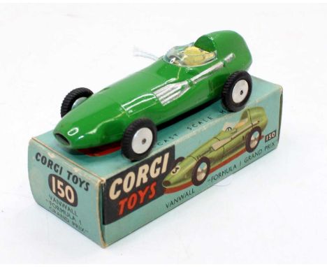 Corgi Toys No. 150 Vanwall F1 Grand Prix racing car, green and silver body, in the original blue ground card box, with leafle