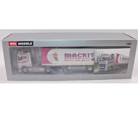 A WSI Models model No. 02-1814 1/50 scale diecast model of a Macritchi Volvo FH4 Globetrotter tractor unit with a 40ft three 