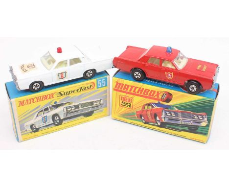 A pair of Matchbox Superfast models as follows: No.55 mercury police car with red dome light, glue coming through bonnet labe