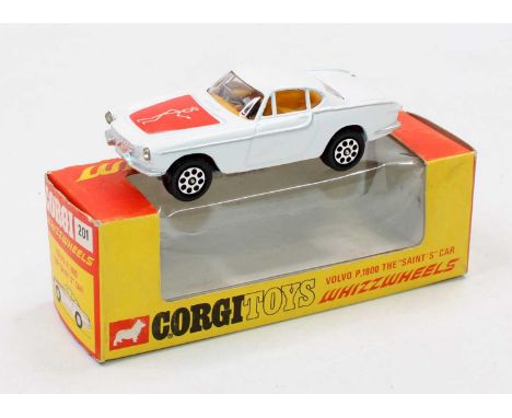 Corgi Toys, 201, The Saints Volvo, white body, yellow interior, white saint logo on red label, whizzwheels version, in the or