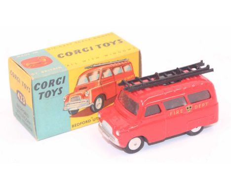 A Corgi Toys No. 423 Bedford fire tender "utilecon" livery fitted with one full-screen glazing unit and black ladder with red