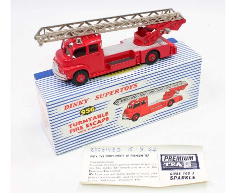 Dinky Toys No. 956 turntable fire escape engine with windows comprising red and silver body with red plastic hubs with chrome