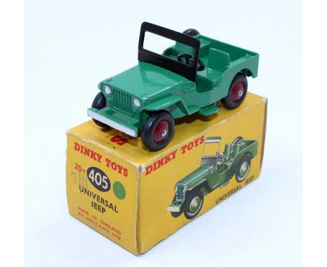 Dinky Toys No. 405 Universal Jeep comprising of dark green body with deep red wheels, housed in the original picture sided an