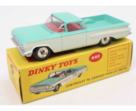 A Dinky Toys No. 449 Chevrolet El Camino Pickup comprising of turquoise and white body fitted with red interior and spun hubs
