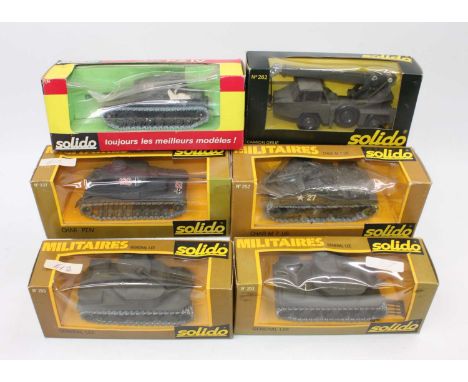 Six various window boxed Solido military diecast vehicles all appear as issued to include a General Lee Battle tank, a Char G