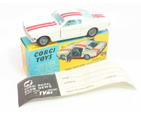 A Corgi Toys No. 325 Ford Mustang FastBack 2+2 Competition Race Model in white with painted double red body racing stripe wit