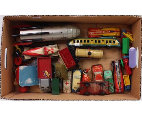 An interesting group of tinplate and plastic toys and miniatures, to include Triang Minic No.33M roller, Viceroy Models of Ca