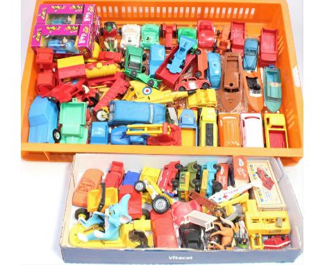 A large quantity of mainly plastic cars and novelty items. To include Tomte, Corgi, Lone Star and Tudor Rose crane red/yellow