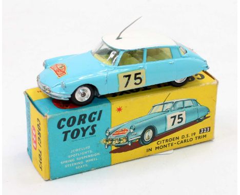 Corgi Toys, 323 Citroen DS19 in Monte Carlo trim, pale blue body with white roof, lemon interior with racing number 75, in th