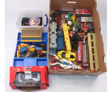 A large quantity of mixed play worn diecast models to include Dinky, Corgi and Matchbox, with a matchbox carry case and a cor