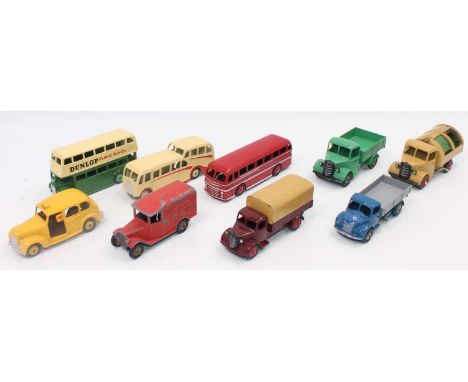 A Dinky Toys loose commercial and public transport vehicle group to include No. 25 W Bedford Refuse Wagon, a No. 30M Dodge re