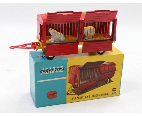 Corgi Toys No. 1123 Chipperfields Circus animal cage comprising of red and yellow body with flat spun hubs and blue Chipperfi