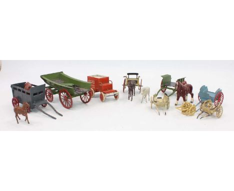 A quantity of lead hollowcast horse-drawn farmers' equipment, to include a Johillco bullock cart, horse-drawn bullock cart, B