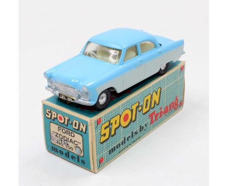 Spot-On Models by Triang No. 100 Ford Zodiac saloon comprising of two tone grey and light blue body with spun hubs and cream 