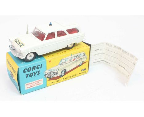 Corgi Toys 419 Ford Zephyr Police Motorway Patrol, white body, silver trim, red interior, flat spun wheels, aerial, small roo