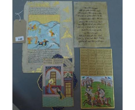 Hand-painted Persian manuscripts, depicting horseman, hunting scenes and palace scene, together with a sheep skin manuscript 
