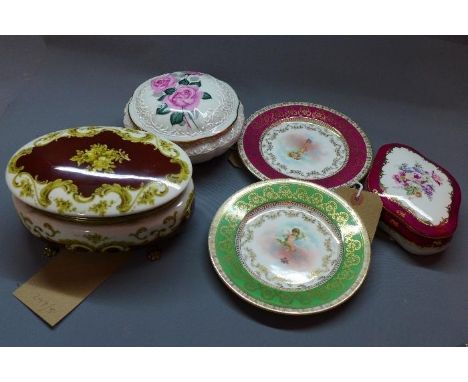 Two Saxe porcelain side plates, decorated with cherubs to center within gilt floral border, together with an Alfa porcelain t