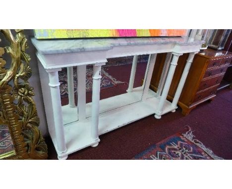 A marble topped white painted console table with four column supports and mirrored back, H. 89 W. 153 D. 34.5cm 