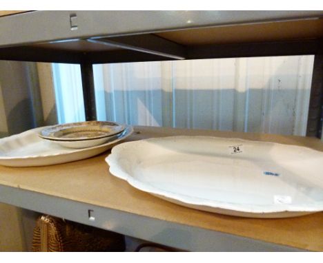 Two large ceramic white glazed Edwardian meat dishes, a Masons ironstone cabinet plate and an Ashworth and Sons Oriental styl