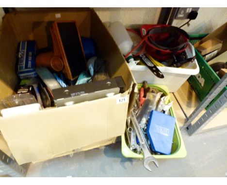 Three boxes of assorted tools, both powered and hand held