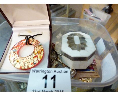 Box of collectable items including pen knives, enamel badges, costume jewellery etc