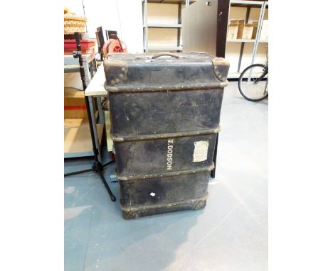 Vintage blue travel trunk with label for Clarence House, Berks