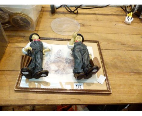 Diecast Laurel and Hardy figures H: 20 cm and a framed and glazed rabbit print