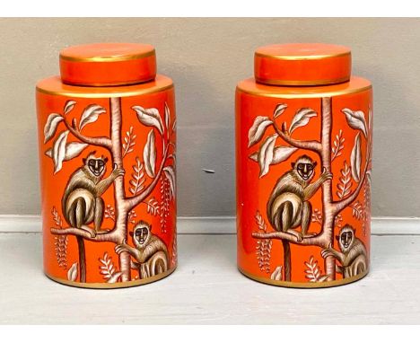 GINGER JARS, a pair, glazed ceramic monkey print, 25cm H x15cm D. (2) 