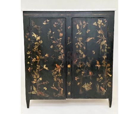 SIDE CABINET, 19th century lacquered, decoupage and hand painted decoration with two panel doors and marble, 92cm x 37cm x 10