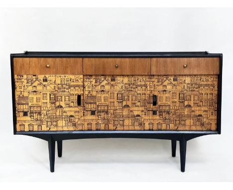 'HERITAGE' SIDEBOARD, 145cm W x 87cm H x 42cm D, 1960's ebonised, with panel doors, Dorothy Heritage for C.W.S. Lewis. 