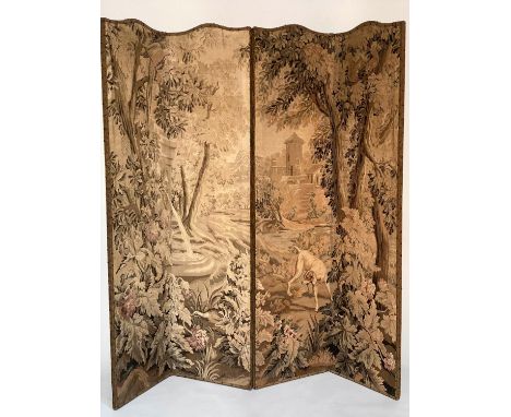 SCREEN, early 20th century French four fold studded Aubusson style woven, each panel 190cm x 49cm. 