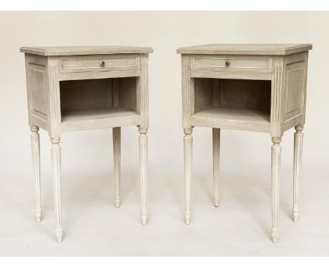 LAMP TABLES, a pair, French Louis XVI style, grey painted each with drawer and tapering fluted supports, 40cm W x 30cm D x 69