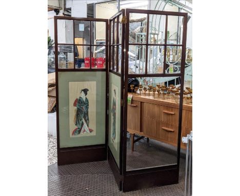 THREE FOLD SCREEN, late 19th century Japanese geisha girl paintings on silk, six panel glazing, mahogany frames, each section