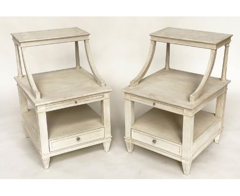 BEDSIDE/LAMP TABLES, a pair, French traditionally grey painted each with two tiers, brushing slide and drawer, 52cm W x 57cm 