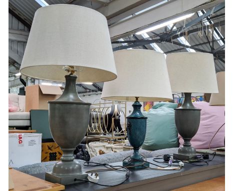 URN SHAPED TABLE LAMPS, a pair, 80cm H including shades and one smaller blue lamp 68cm H. (3) 