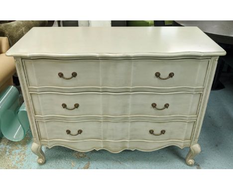 COMMODE, 120cm W x 91cm H x 51cm D French style distressed with three long drawers. 