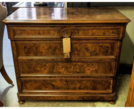 COMMODE, 94cm H x 110cm x 55cm, circa 1870, German burr walnut with four drawers. 